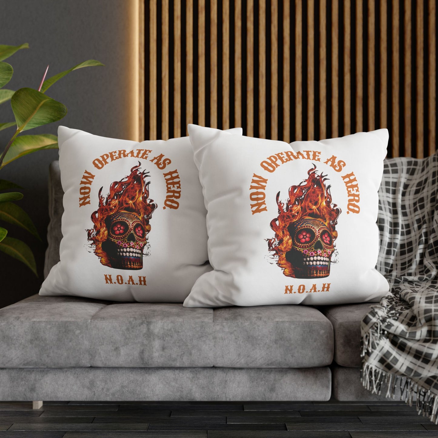 Personalized Initial Quote Fire Skull — Custom Sayings on Square Poly Canvas Pillowcase