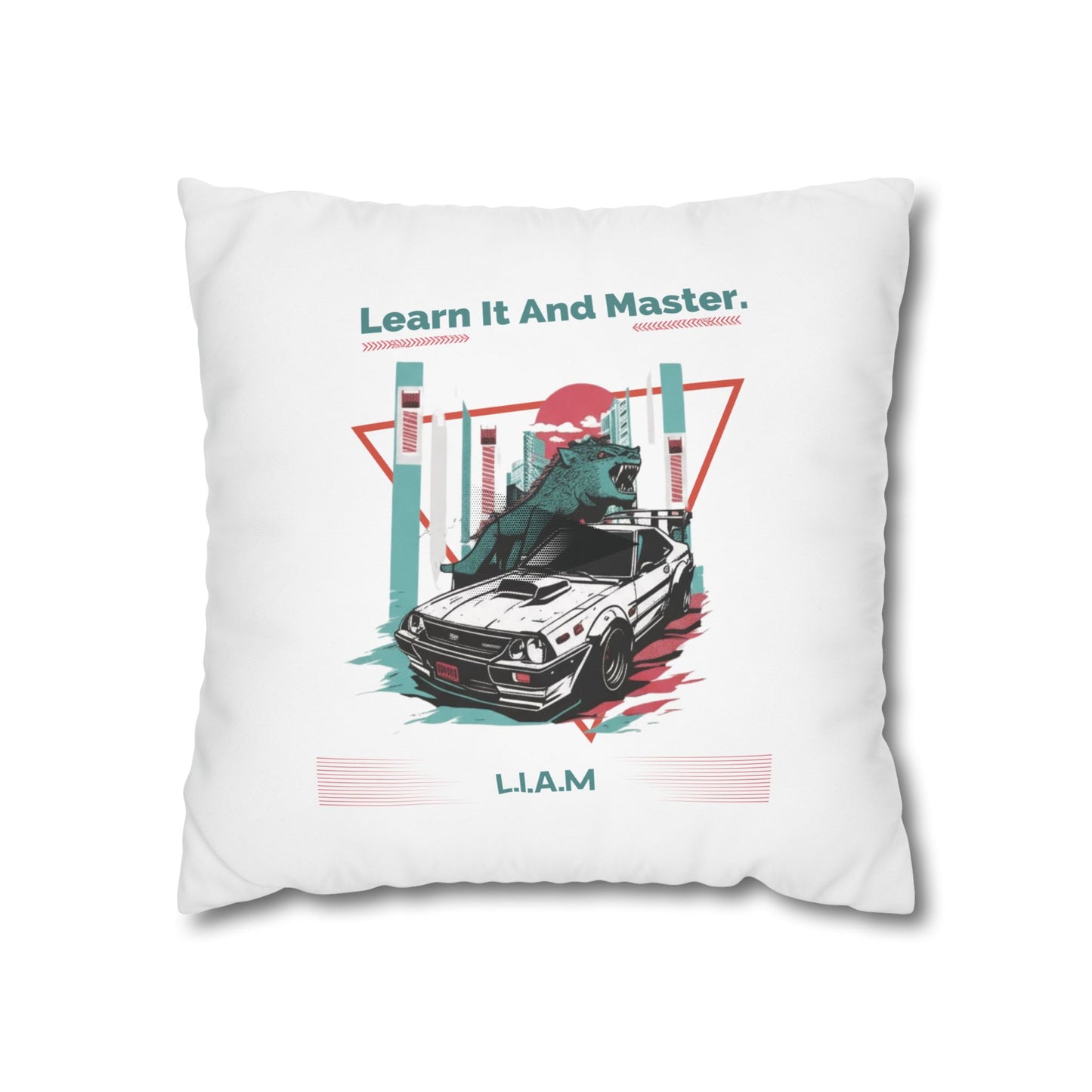 Personalized Initial Quote Dinosaur Car — Custom Sayings on Square Poly Canvas Pillowcase
