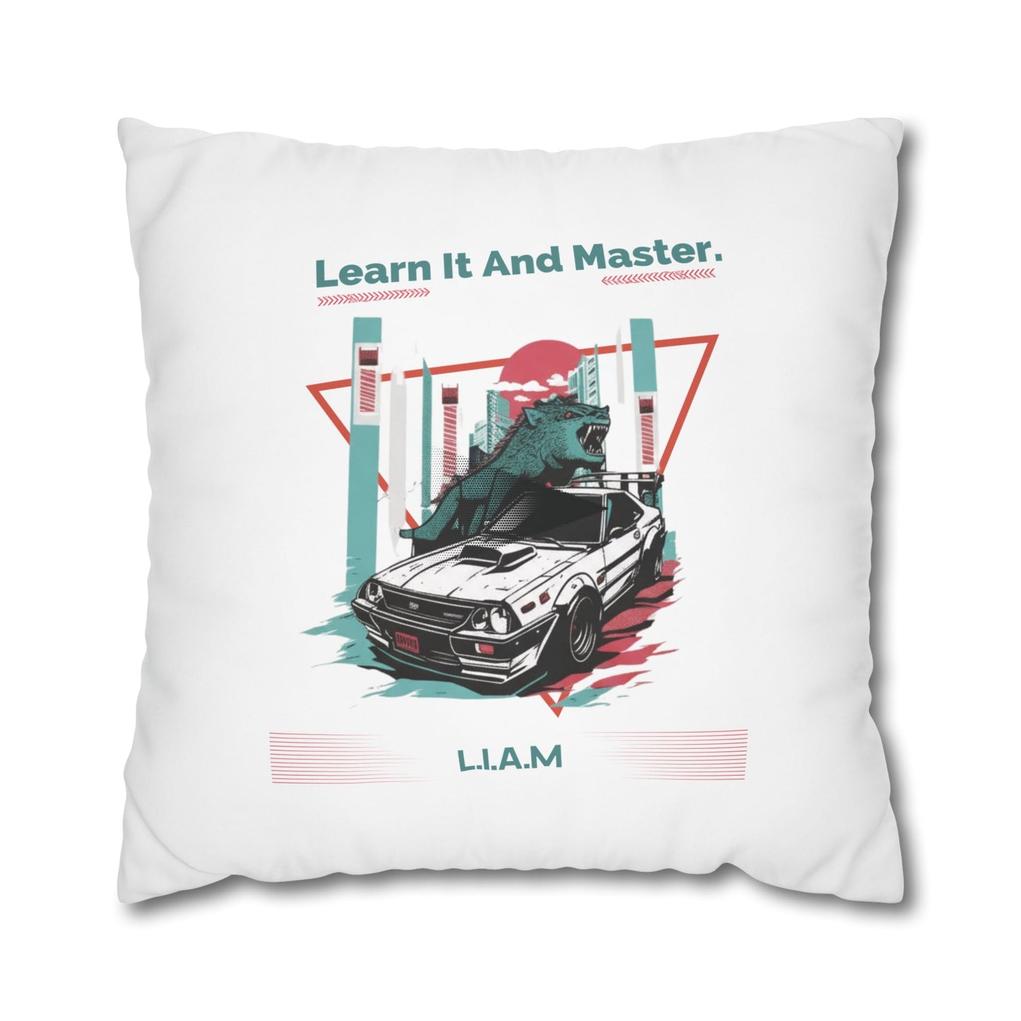 Personalized Initial Quote Dinosaur Car — Custom Sayings on Square Poly Canvas Pillowcase