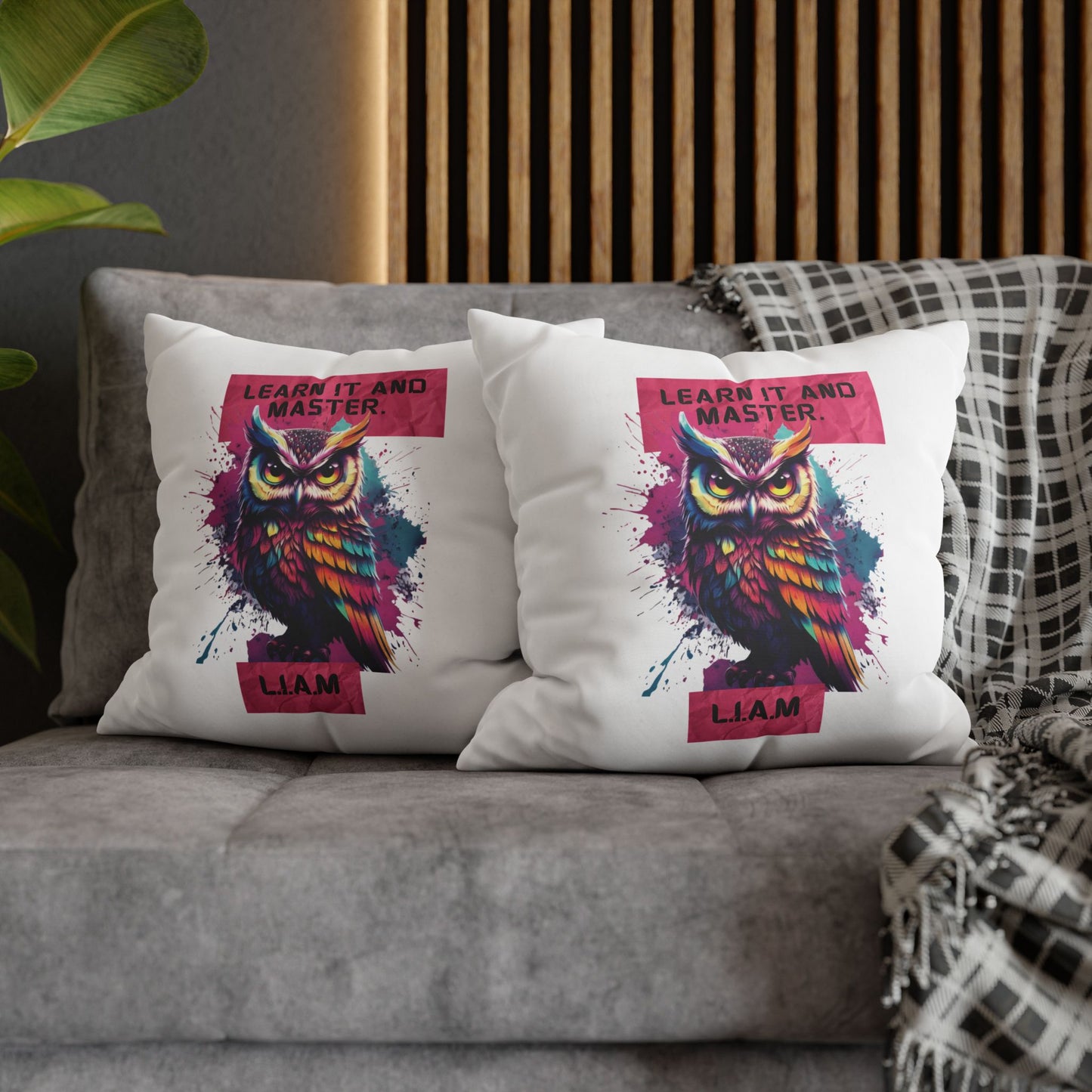 Personalized Initial Quote Owl — Custom Sayings on Square Poly Canvas Pillowcase