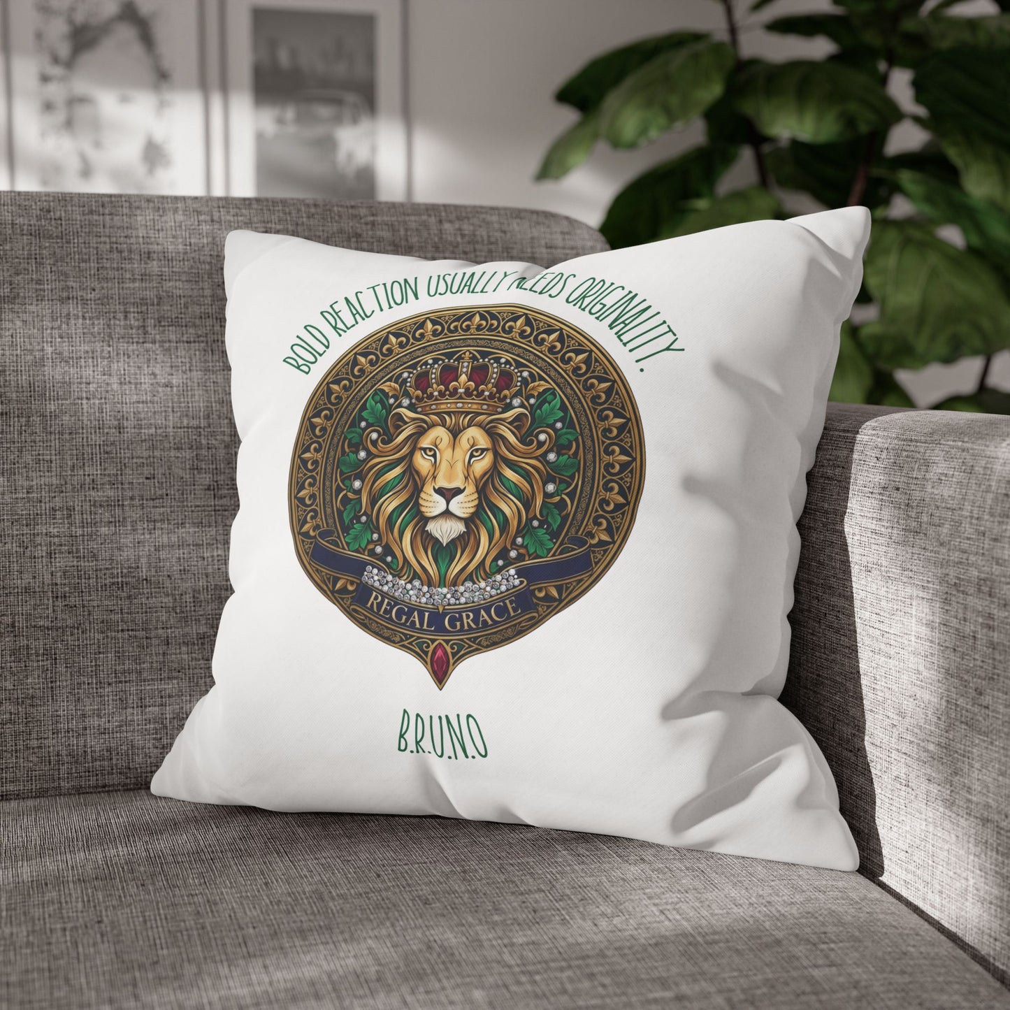 Personalized Initial Quote Circled Lion — Custom Sayings on Square Poly Canvas Pillowcase