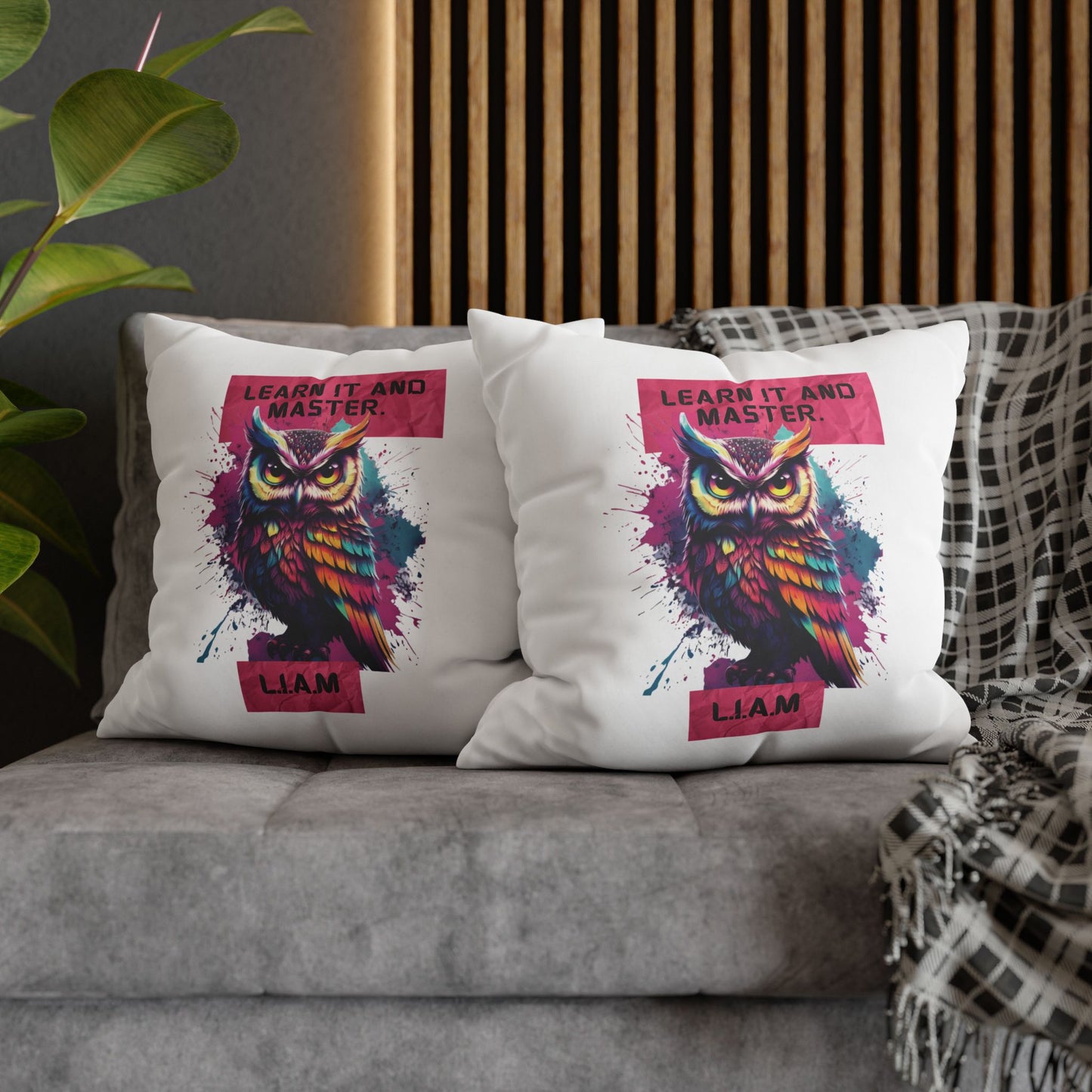 Personalized Initial Quote Owl — Custom Sayings on Square Poly Canvas Pillowcase