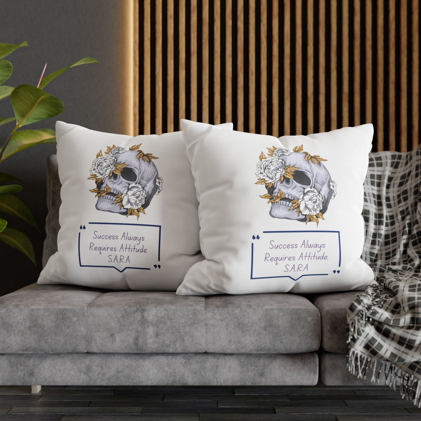 Personalized Initial Quote Floral Skull — Custom Sayings on Square Poly Canvas Pillowcase