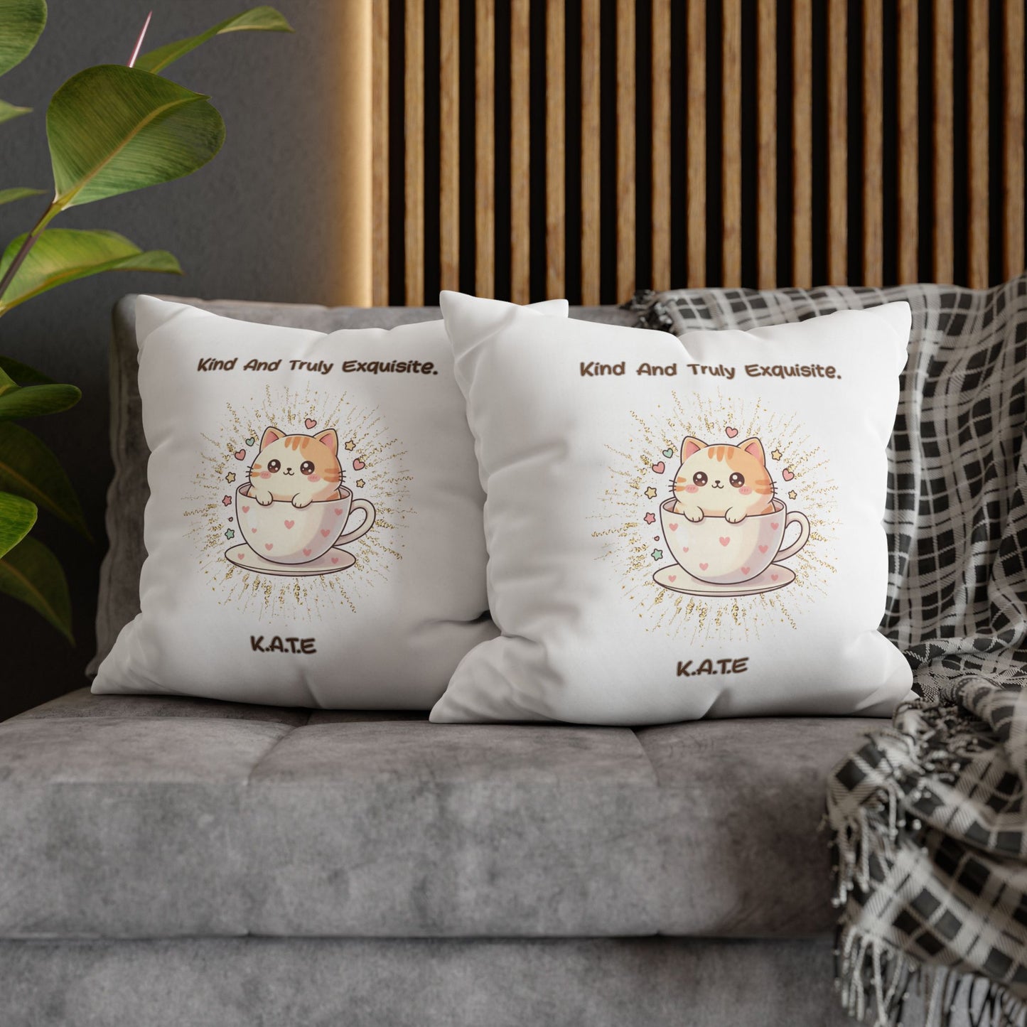 Personalized Initial Quote Exquisite Cat — Custom Sayings on Square Poly Canvas Pillowcase