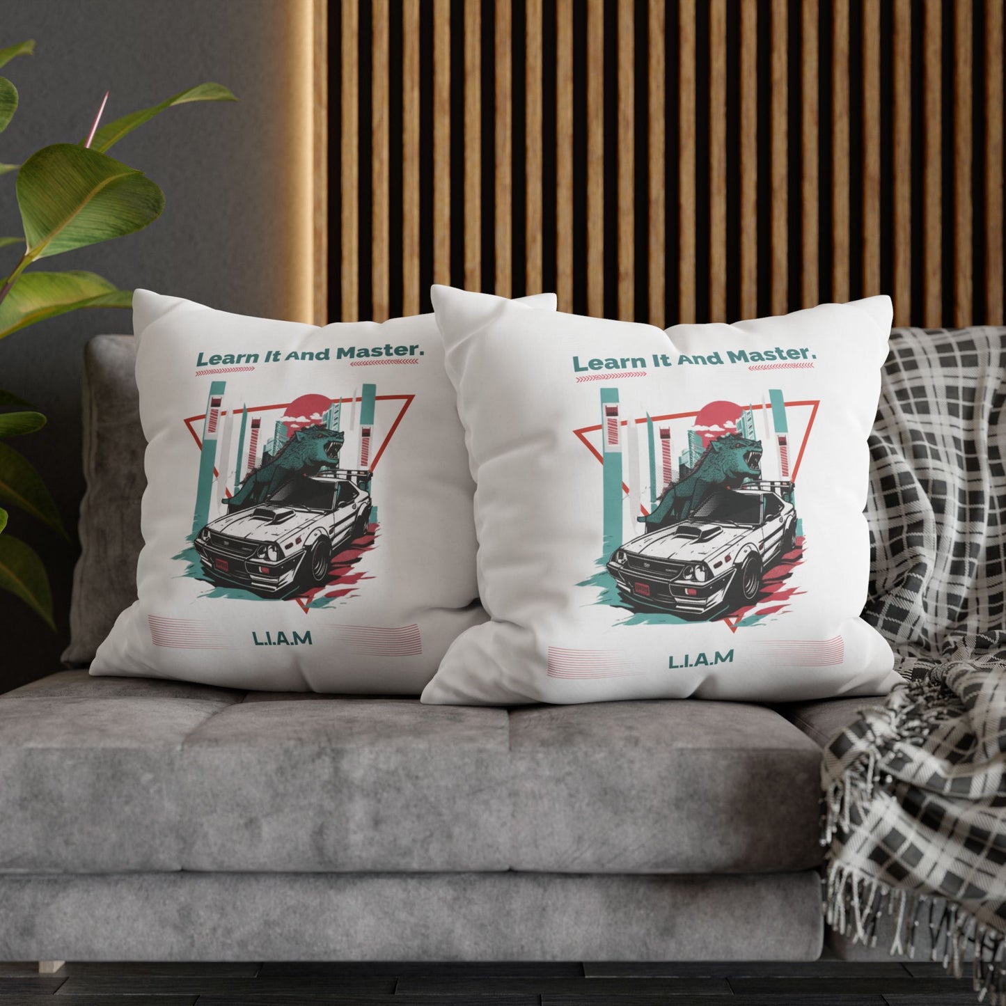 Personalized Initial Quote Dinosaur Car — Custom Sayings on Square Poly Canvas Pillowcase