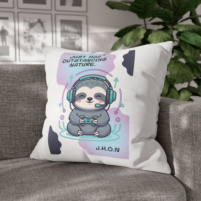 Personalized Initial Quote Sloth Gamer — Custom Sayings on Square Poly Canvas Pillowcase