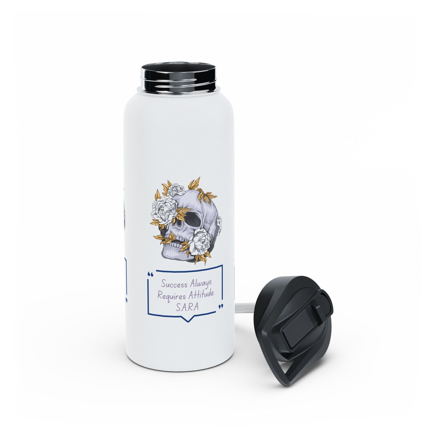 Personalized Initial Quote Floral Skull Stainless Steel Water Bottle