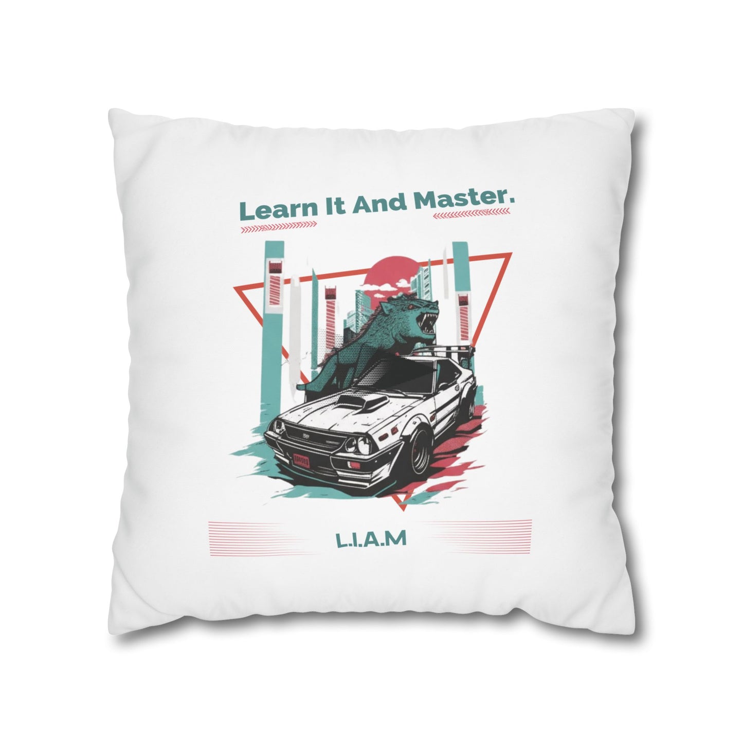 Personalized Initial Quote Dinosaur Car — Custom Sayings on Square Poly Canvas Pillowcase