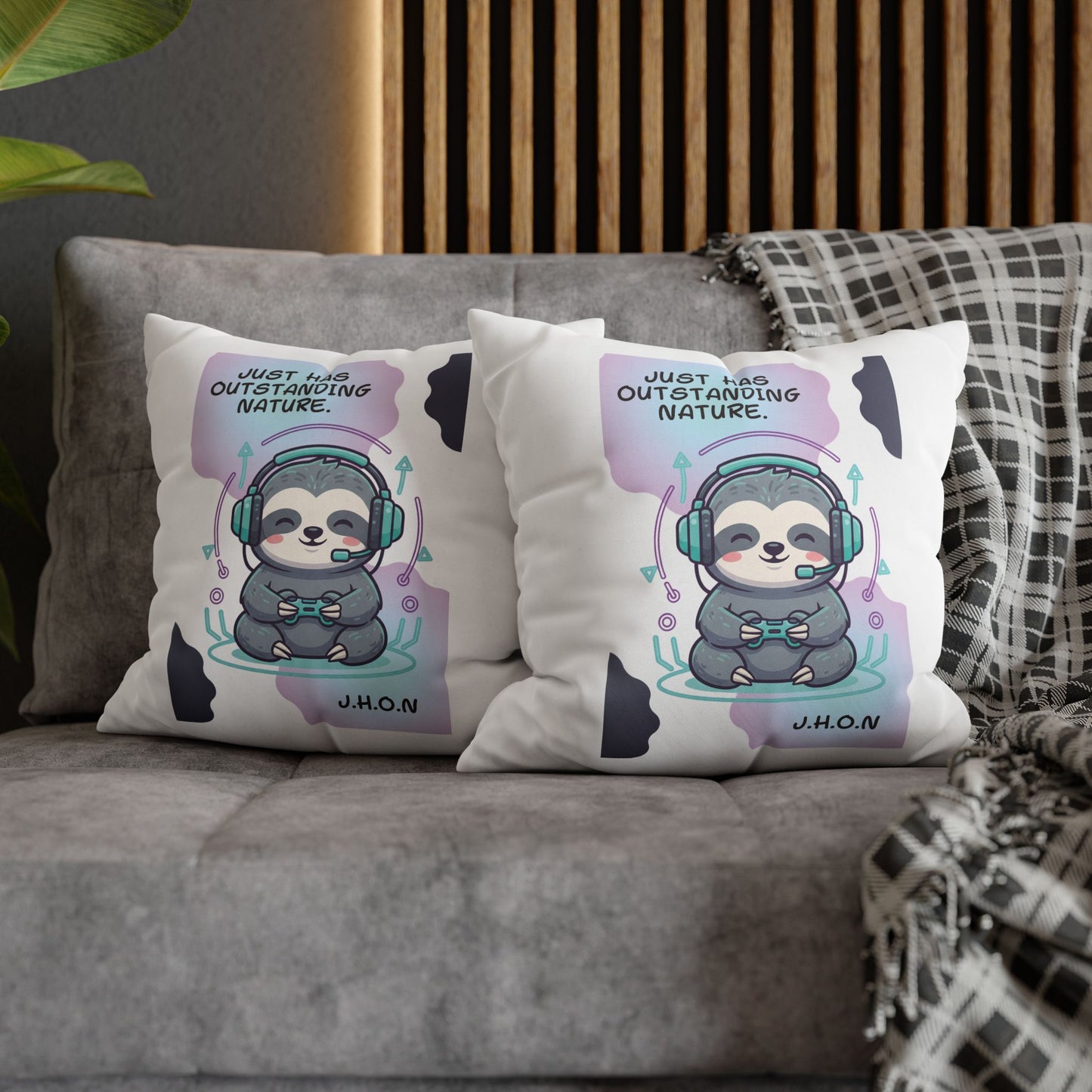 Personalized Initial Quote Sloth Gamer — Custom Sayings on Square Poly Canvas Pillowcase