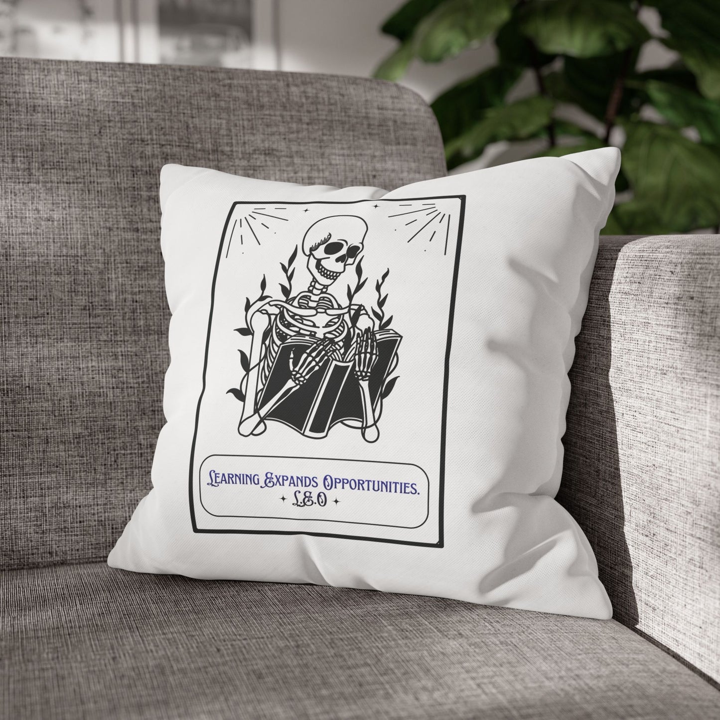 Personalized Initial Quote Skeleton — Custom Sayings on Square Poly Canvas Pillowcase