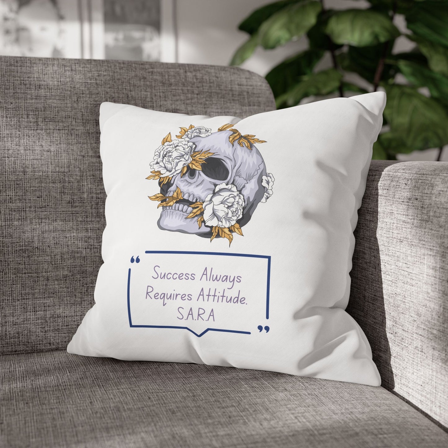 Personalized Initial Quote Floral Skull — Custom Sayings on Square Poly Canvas Pillowcase