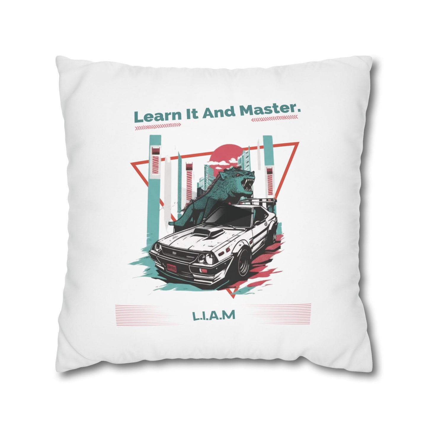 Personalized Initial Quote Dinosaur Car — Custom Sayings on Square Poly Canvas Pillowcase