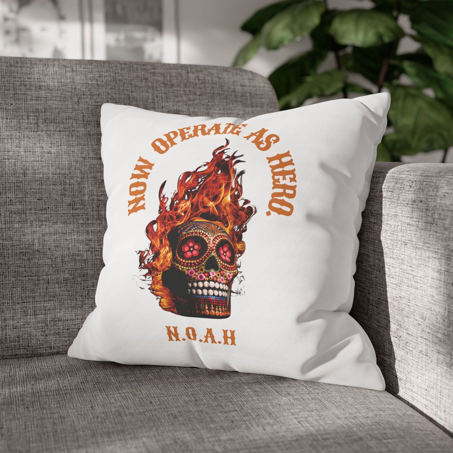 Personalized Initial Quote Fire Skull — Custom Sayings on Square Poly Canvas Pillowcase