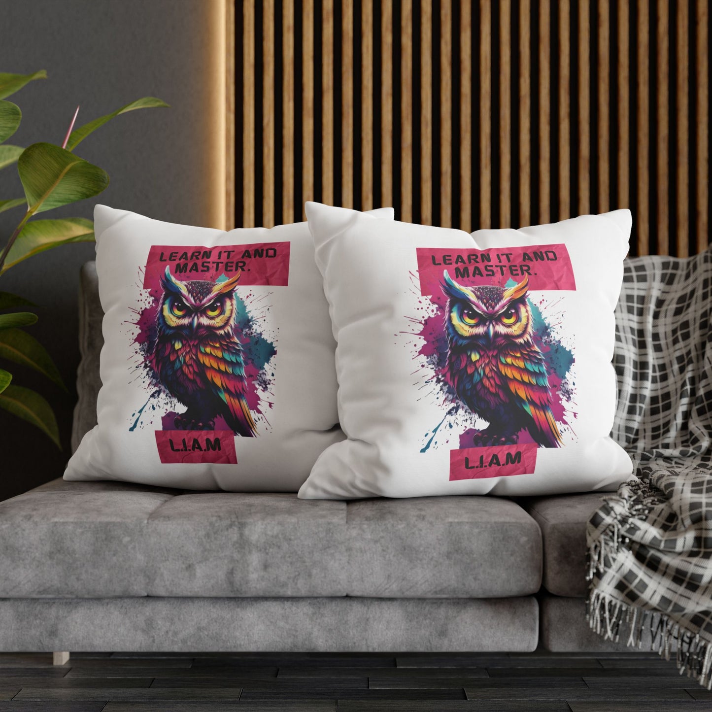 Personalized Initial Quote Owl — Custom Sayings on Square Poly Canvas Pillowcase