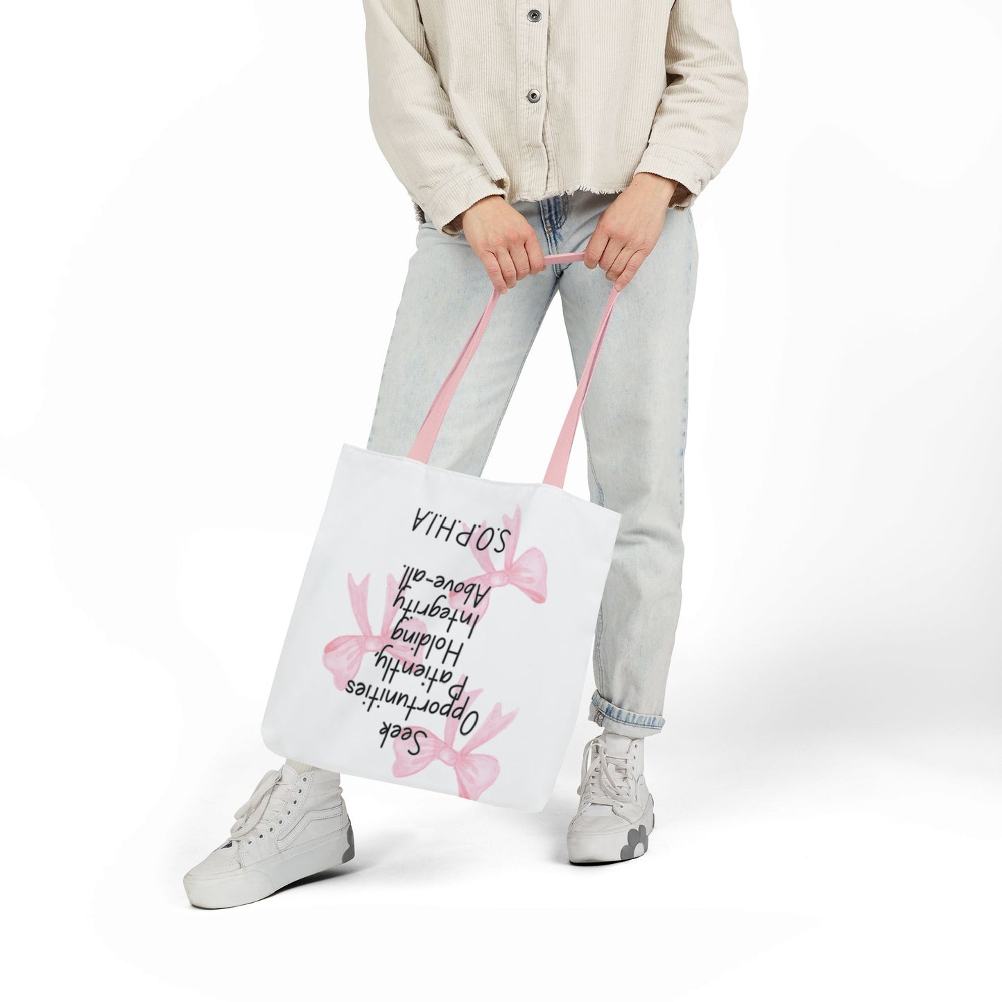 Personalized Initial Quote Pink Bow Canvas Tote Custom Name
