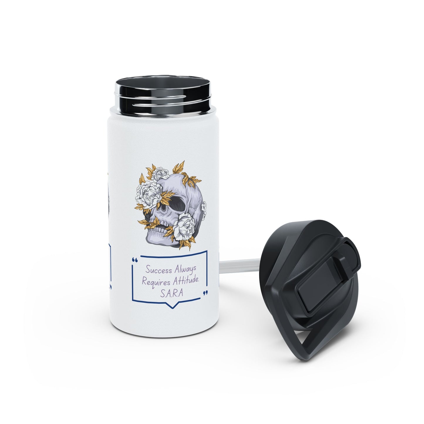 Personalized Initial Quote Floral Skull Stainless Steel Water Bottle