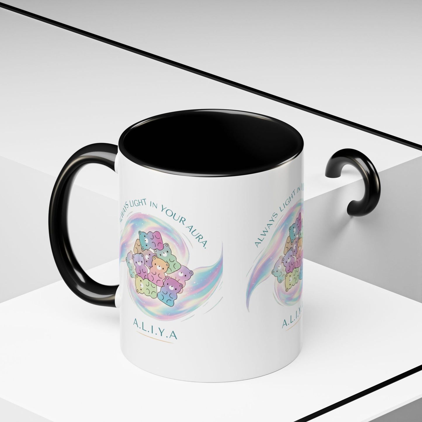 Custom acrostic name mug available in 11oz and 15oz. Features personalized name meaning art and power quotes on premium, dishwasher-safe ceramic. Perfect for office decor and meaningful gifts.