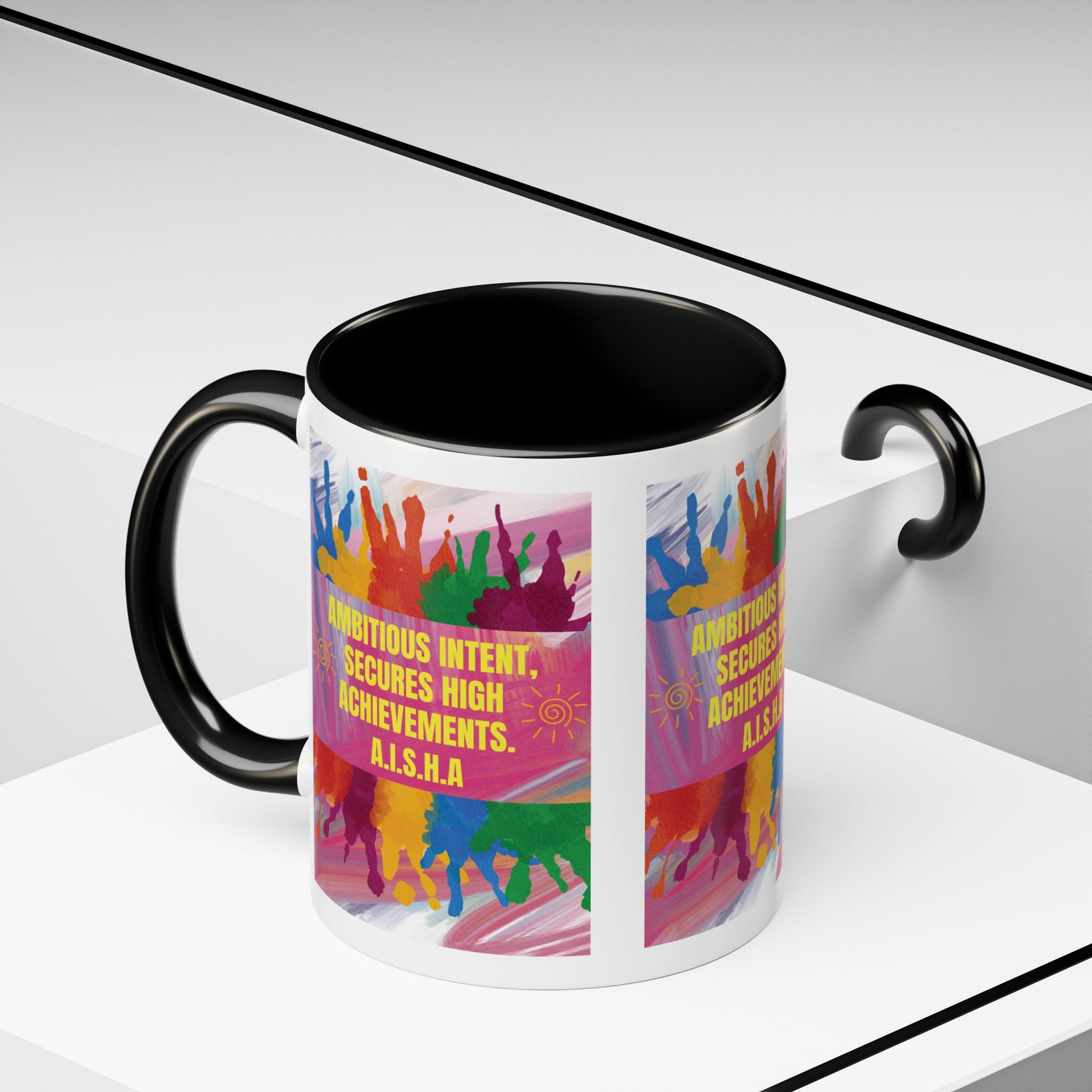 Custom acrostic name mug available in 11oz and 15oz. Features personalized name meaning art and power quotes on premium, dishwasher-safe ceramic. Perfect for office decor and meaningful gifts.